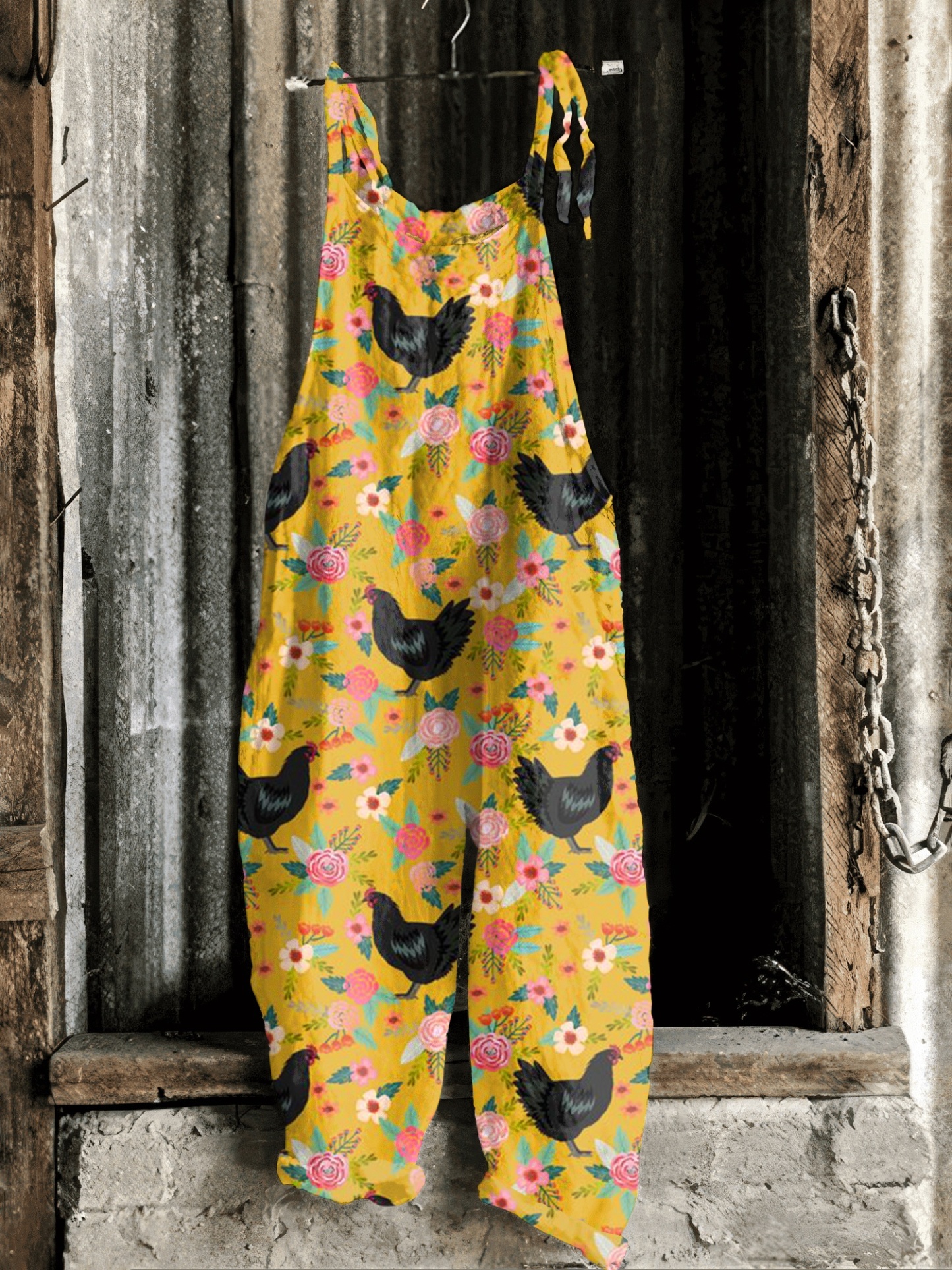 Farm Animal Chicken And Floral Print Casual Jumpsuit