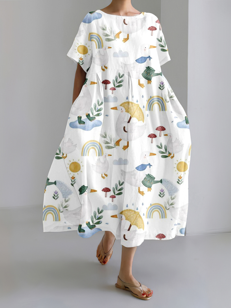Cozy Cute Duck Flower Art Linen Blend Maxi Dress