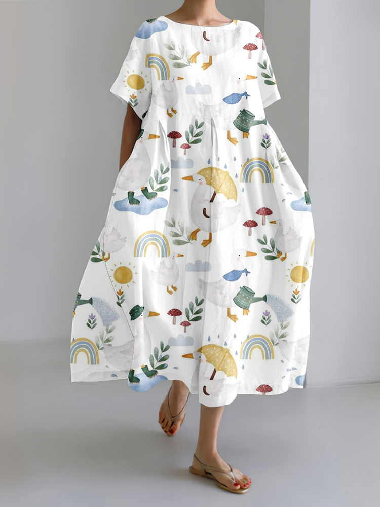 Cozy Cute Duck Flower Art Linen Blend Maxi Dress