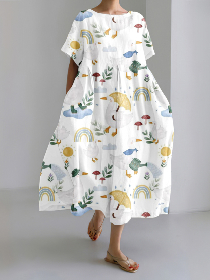 Cozy Cute Duck Flower Art Linen Blend Maxi Dress