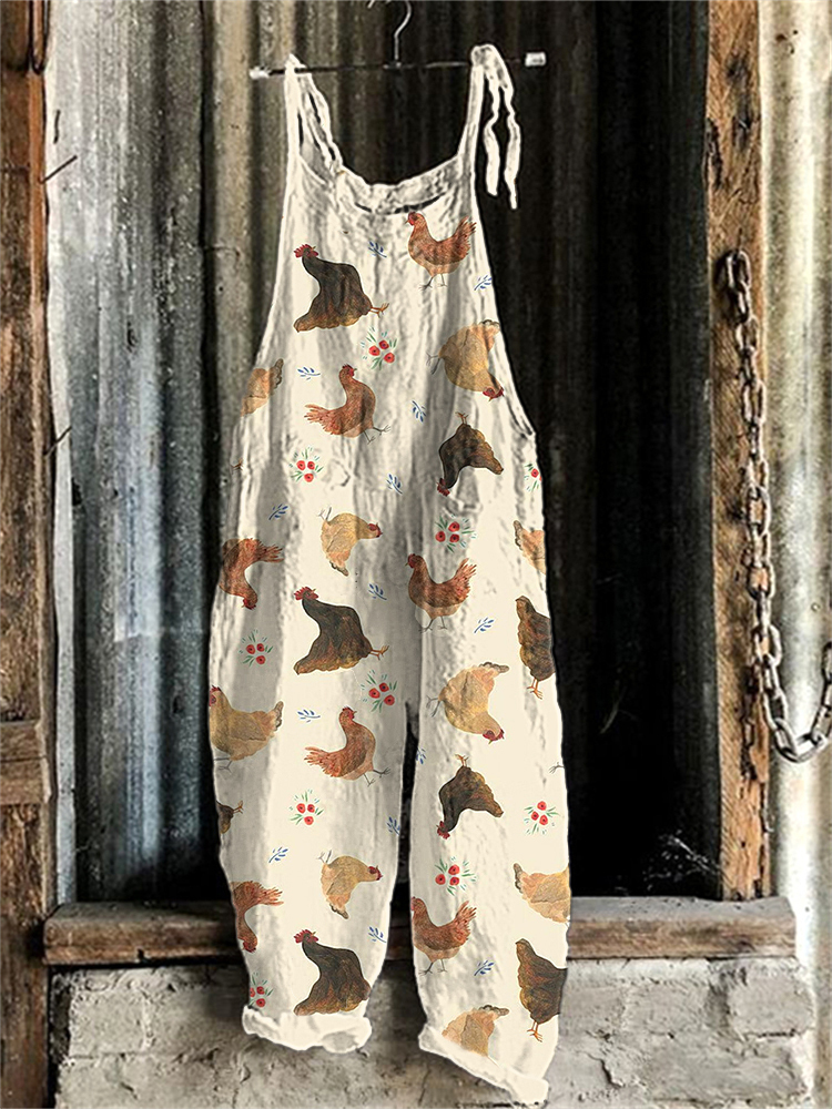 Farm Chicken Print Linen Blend Casual Jumpsuit