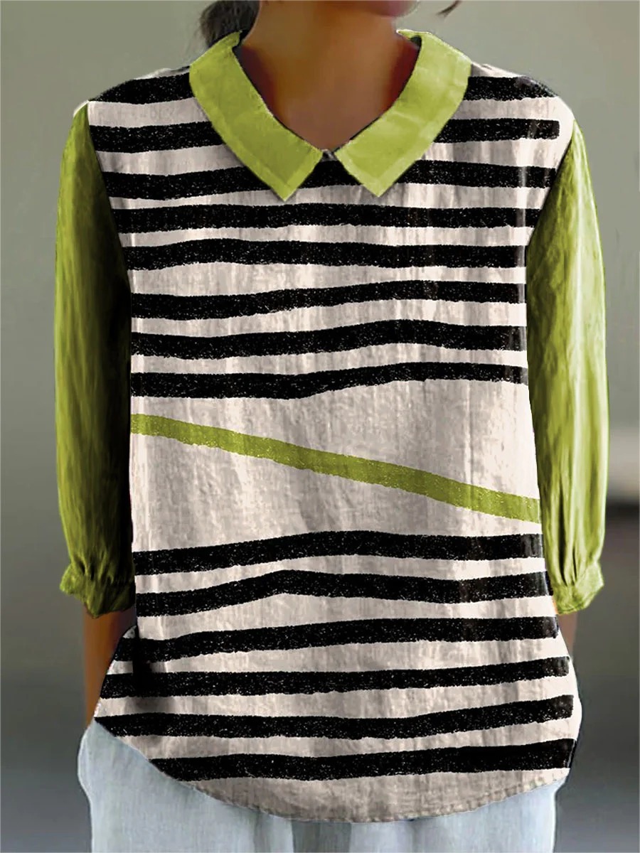 Women's Simple Color Block Line Art Print Casual Cotton And Linen 3/4 Sleeve Shirt