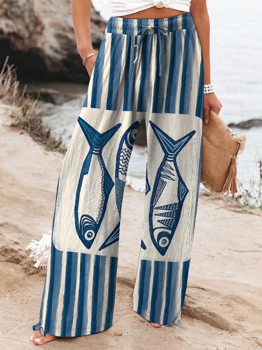 Women's Vintage Fish Art Printed Cotton And Linen Casual Pants