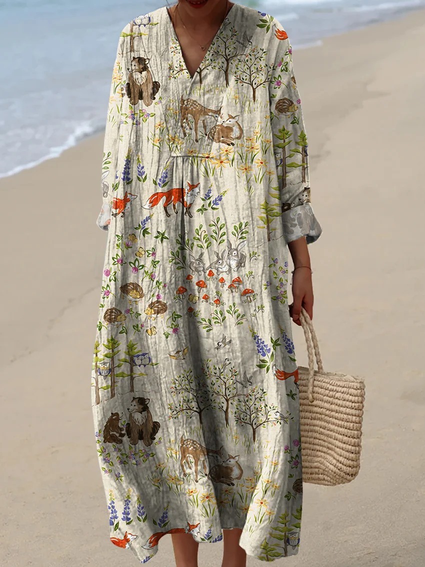 Spring Woodland Animal Pattern Printed Women's Dress