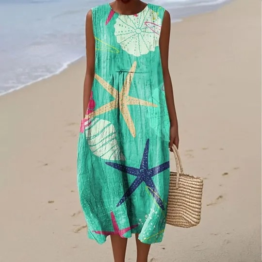 Women's Colorful Abstract Starfish Art Print Sleeveless Cotton Pocket Wrap Dress