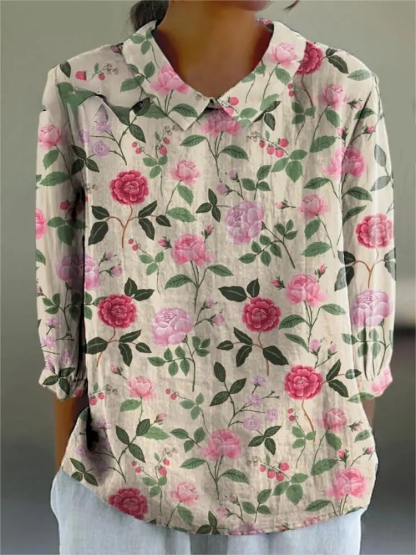 Women's Vintage Floral Art Print Casual Cotton And Linen 3/4 Sleeve Shirt