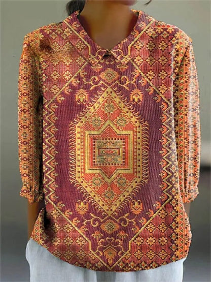Women's Vintage Ethnic Pattern Art Print Casual Cotton And Linen 3/4 Sleeve Shirt