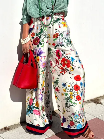 Exquisite Satin Unique Plant Flower Print Loose Wide-Leg Pants