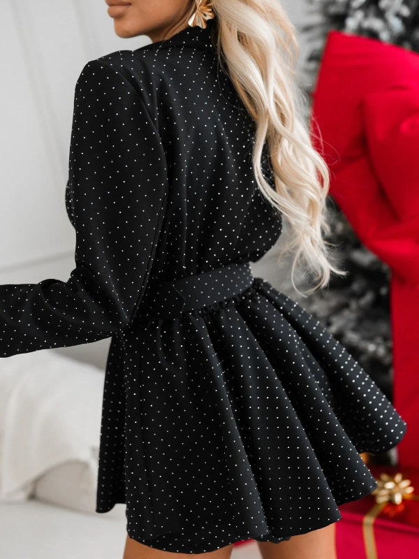 Womens Laple Collar Hot Pressed Diamond Waist Elegant Temperament Dress