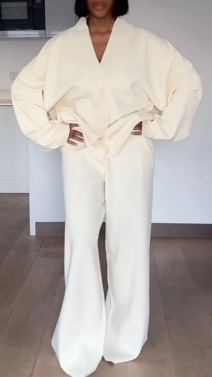 Womens V-neck Coat+ Pants Loose Casual Set