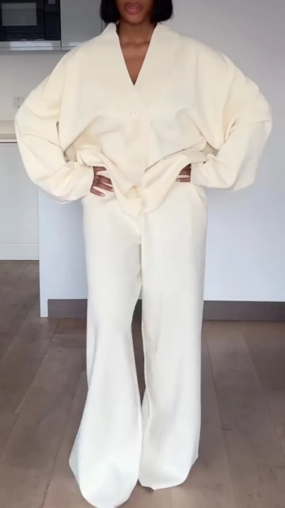 Womens V-neck Coat+ Pants Loose Casual Set