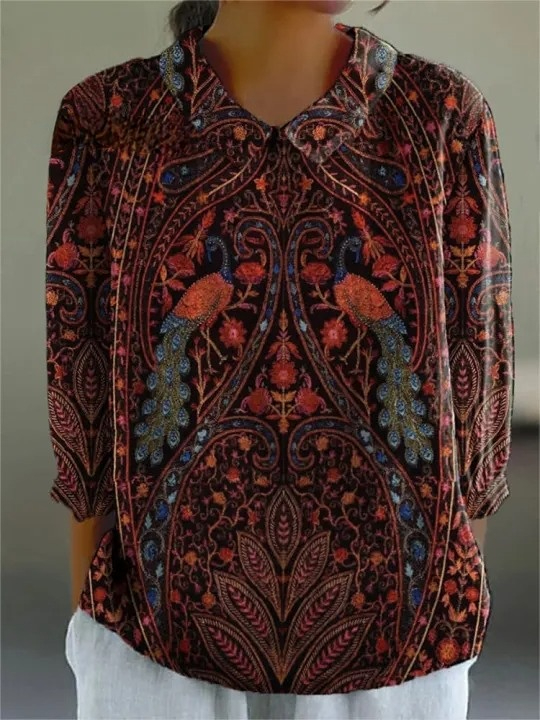 Exotic Tropical Jungle Symmetrical Pattern Printed Women's Casual Cotton And Linen 3/4 Sleeve Shirt