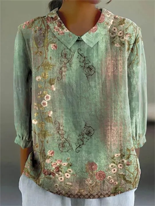 Women's Vintage Floral Art Print Casual Cotton And Linen 3/4 Sleeve Shirt