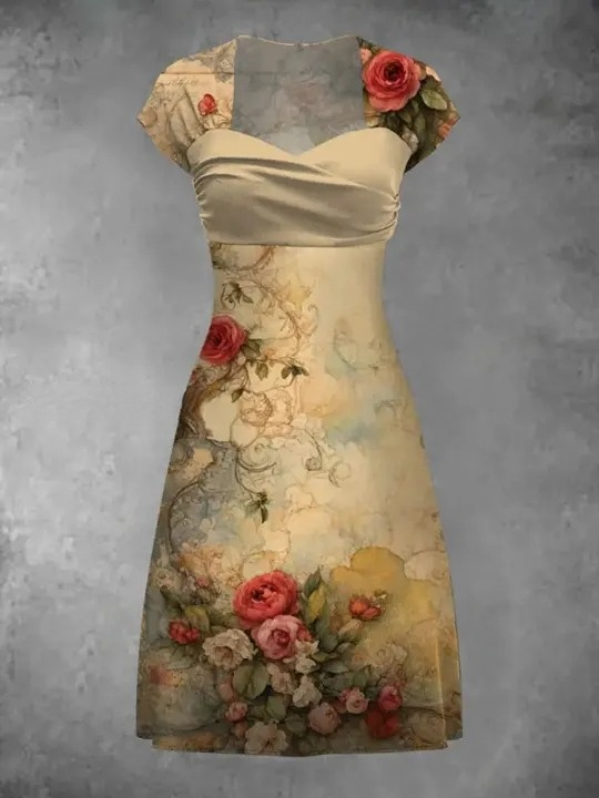 Floral Art Print Vintage Elegant Short Sleeve Midi Dress