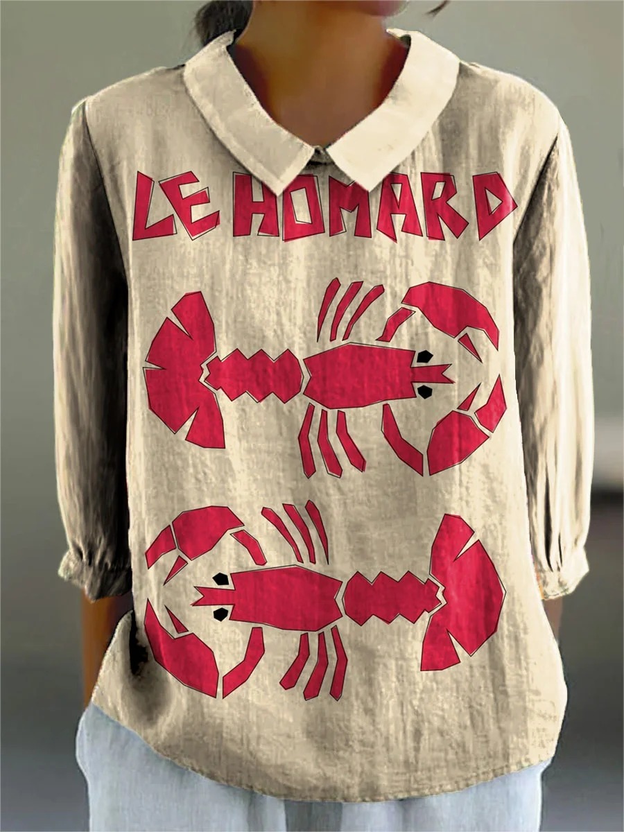 Women's Vintage Lobster Art Print Casual Cotton And Linen 3/4 Sleeve Shirt