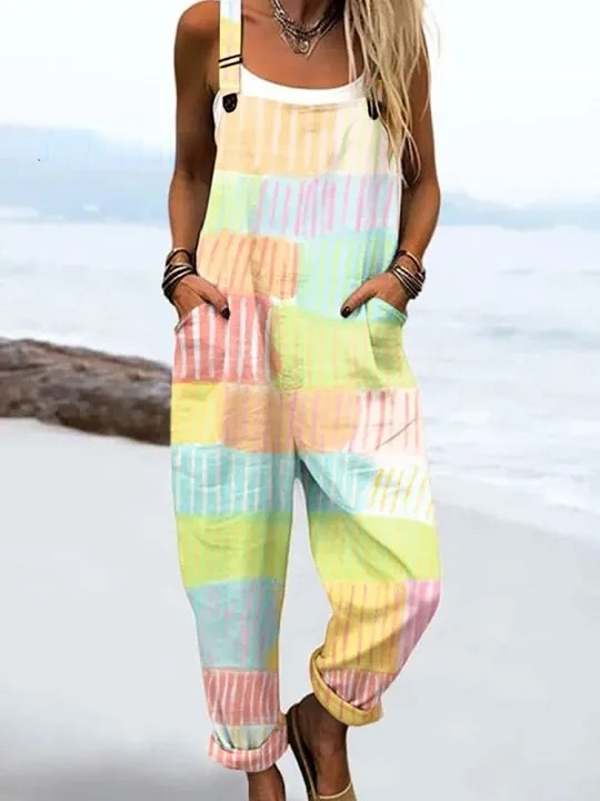 Women's Vintage Abstract Geometric Line Art Print Casual 100% Cotton Wide Leg Jumpsuit