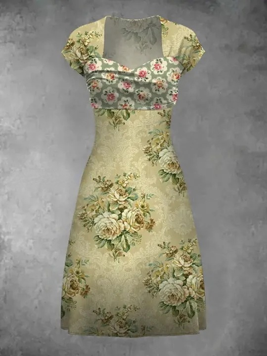 Floral Art Print Vintage Elegant Short Sleeve Midi Dress