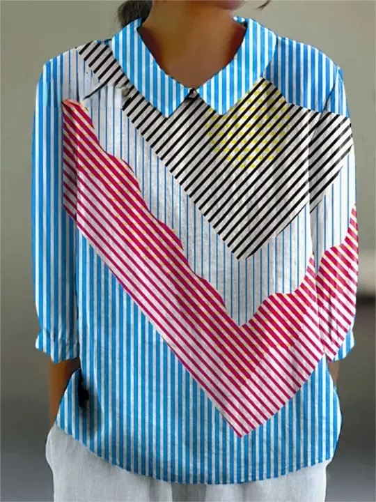 Women's Colorful Stripes Abstract Cupcake Art Print Casual Cotton And Linen 3/4 Sleeve Shirt