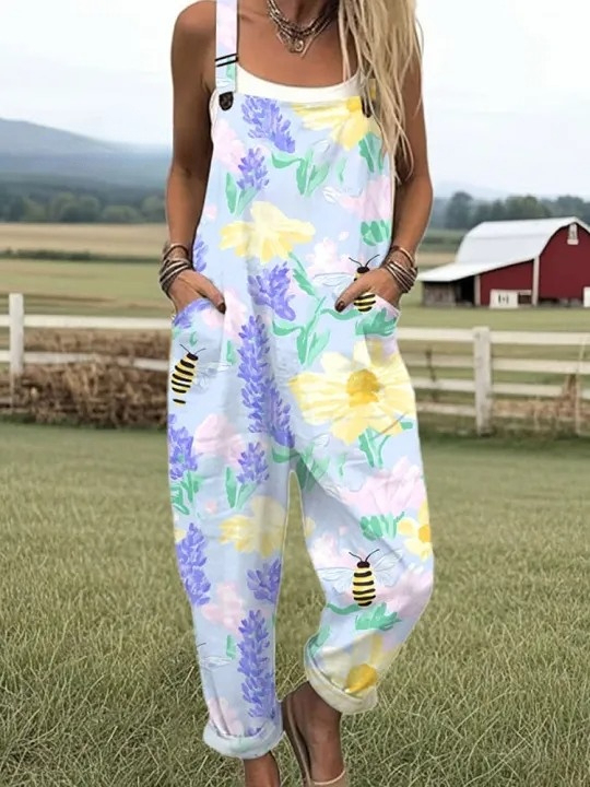 Women's Vintage Bee Floral Art Print Casual 100% Cotton Wide Leg Jumps