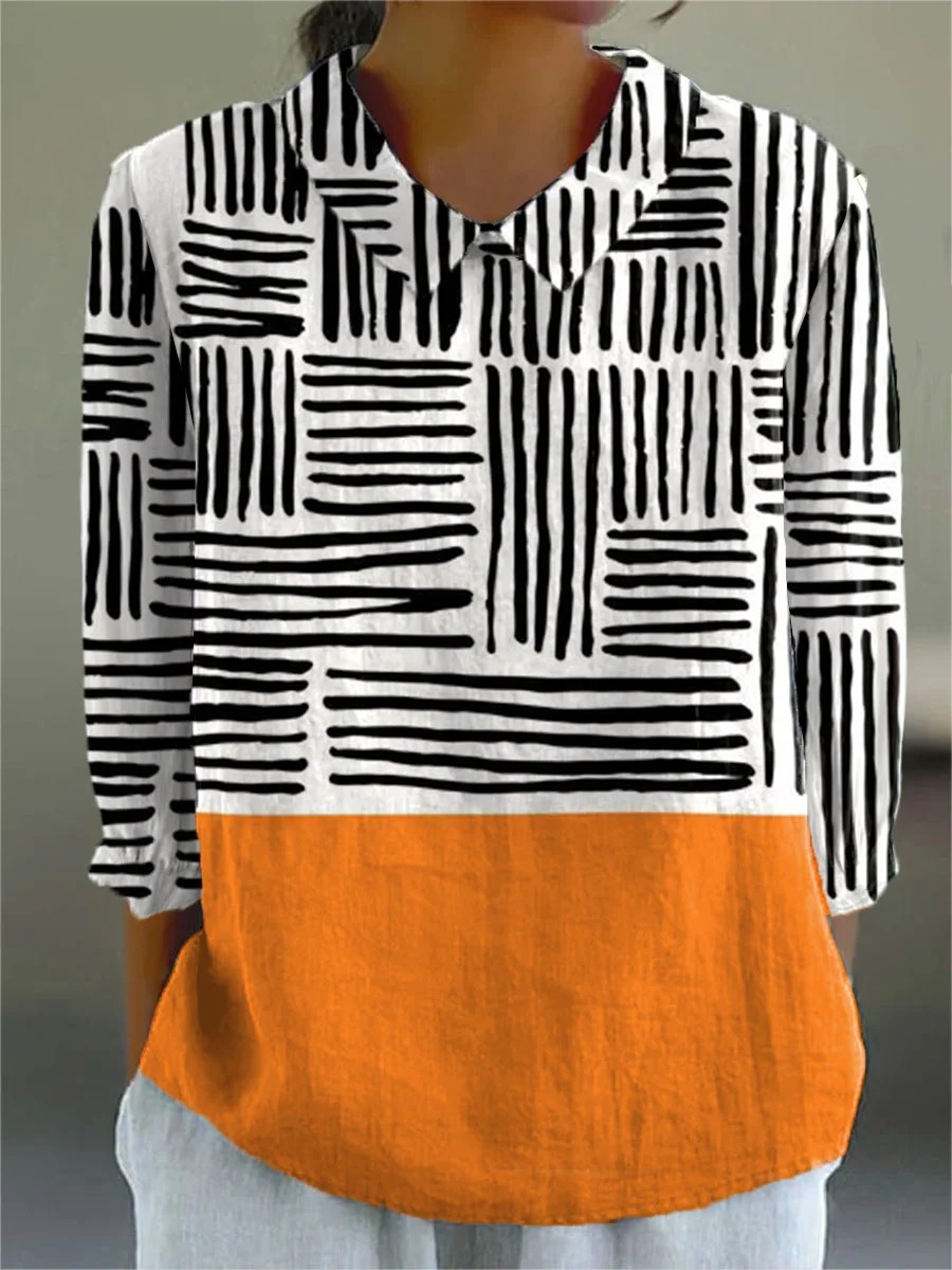 Women's Vintage Abstract Geometry Art Print Casual Cotton And Linen 3/4 Sleeve Shirt