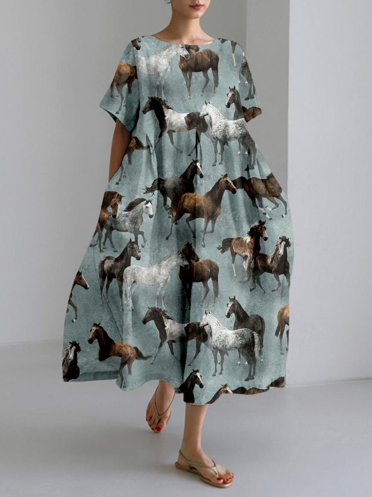 Western Wild Horses Pattern Linen Blend Maxi Dress