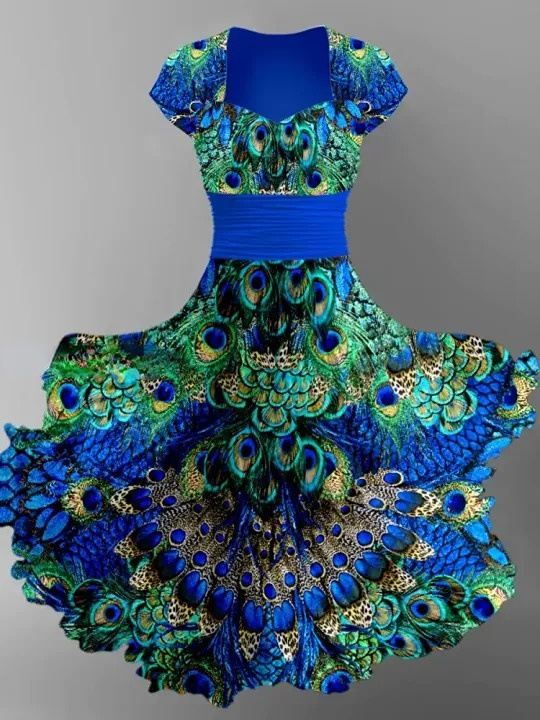 Peacock Feather Print V-Neck Vintage Chic Short Sleeve Midi Dress