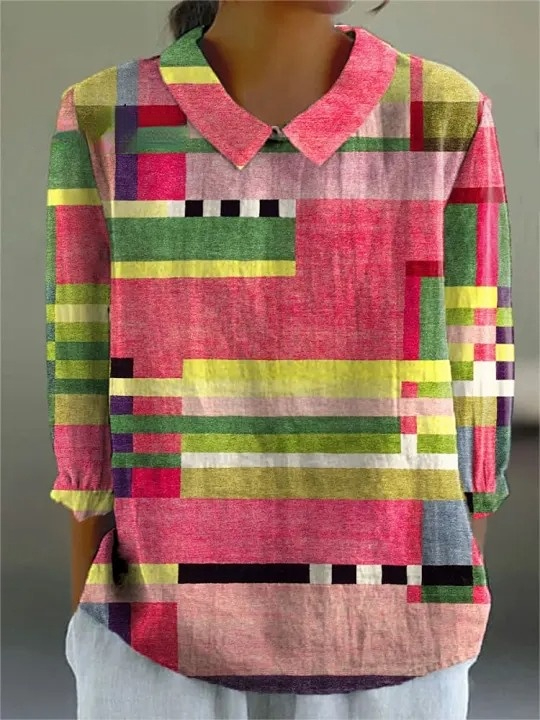 Women's Colorful Block Stripes Abstract Art Print Casual Cotton And Linen 3/4 Sleeve Shirt
