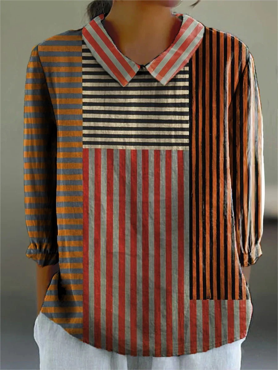 Women's Vintage Color Block Line Art Print Casual Cotton And Linen 3/4 Sleeve Shirt