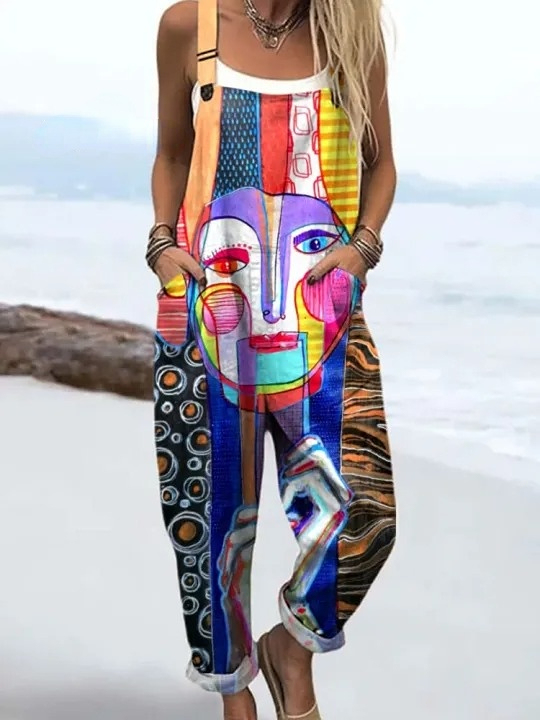 Women's Bright Abstract Funny Art Print Casual 100% Cotton Wide Leg Ju