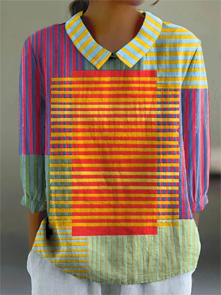 Women's Abstract Geometric Pattern Art Print Casual Cotton And Linen 3/4 Sleeve Shirt
