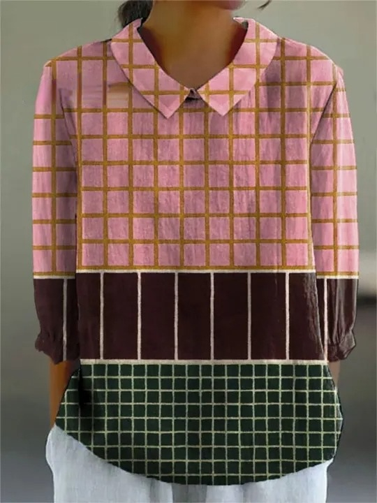 Women's Retro Plaid Art Print Casual Cotton And Linen 3/4 Sleeve Shirt