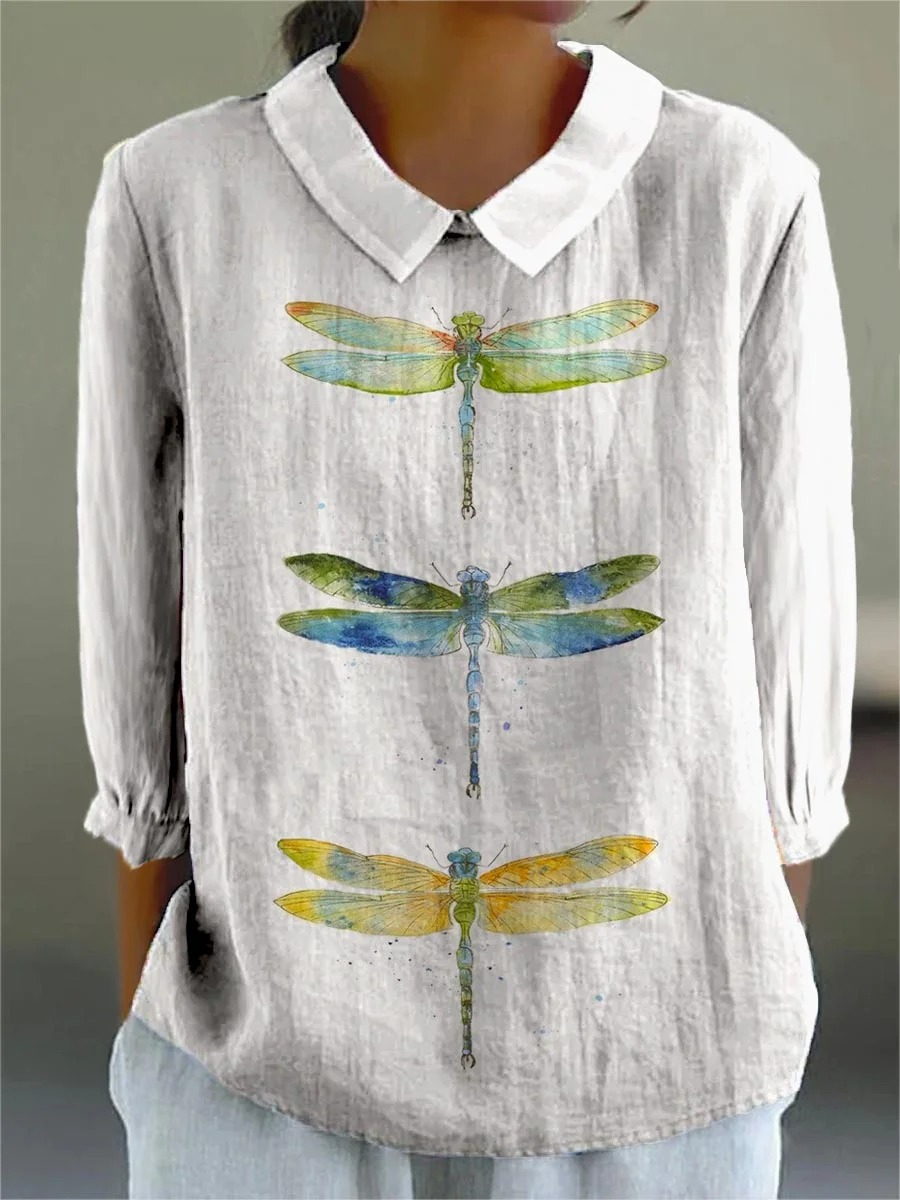 Women's Dragonfly Pattern Art Print Casual Cotton And Linen 3/4 Sleeve Shirt