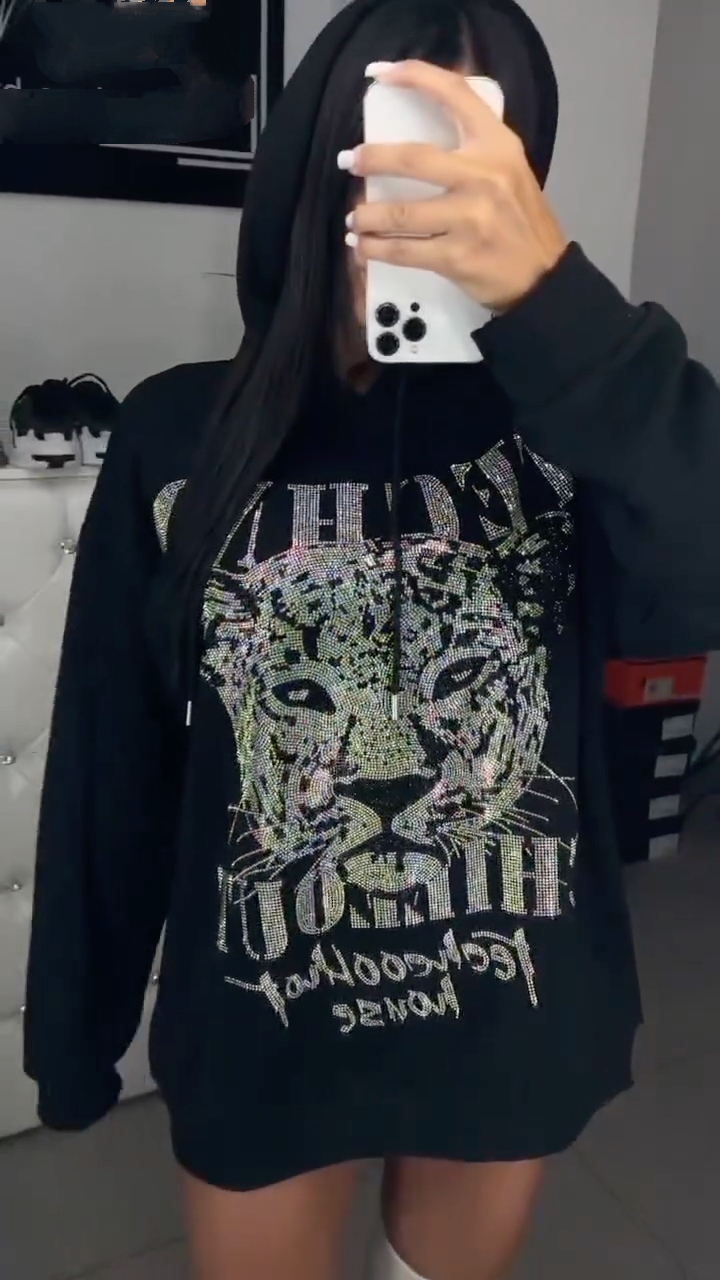 Women's Hooded Leopard Print Casual Top with Rhinestones