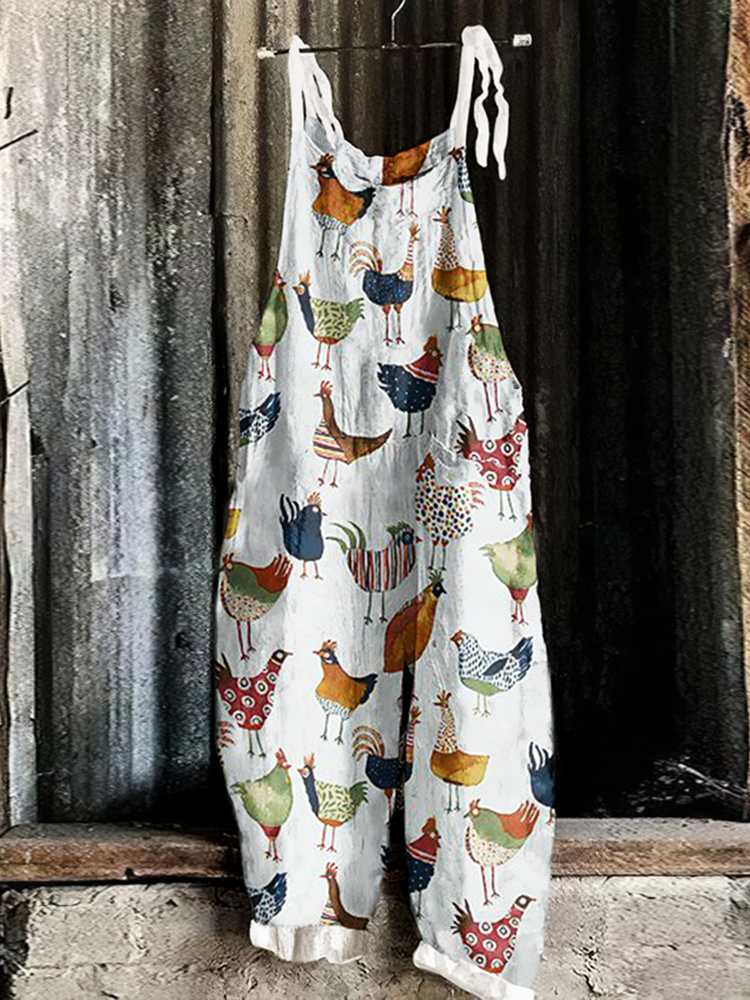 Cute Fowl Farmhouse Style Art Linen Blend Casual Jumpsuit