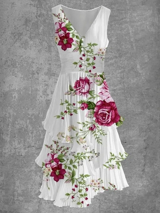 Floral Art Print Sleeveless V-Neck Button Up Retro Midi Dress