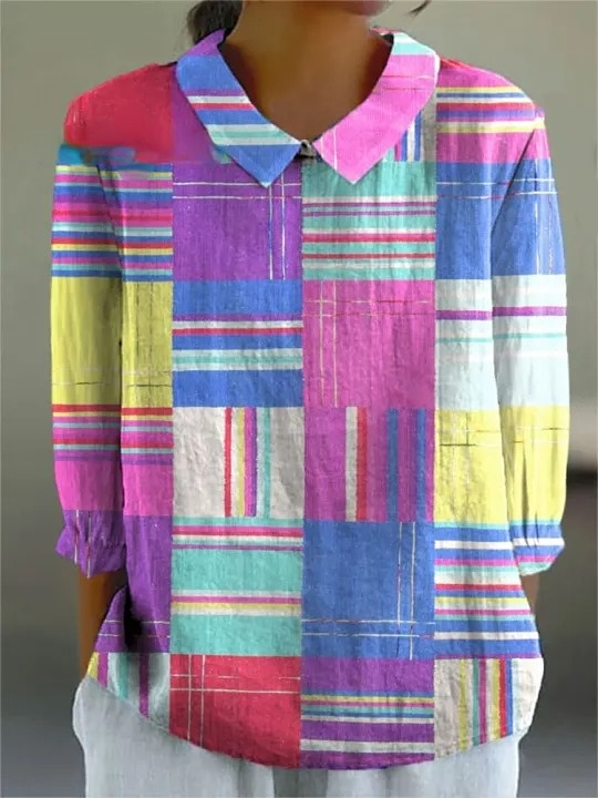 Women's Colorful Block Stripes Abstract Art Print Casual Cotton And Linen 3/4 Sleeve Shirt