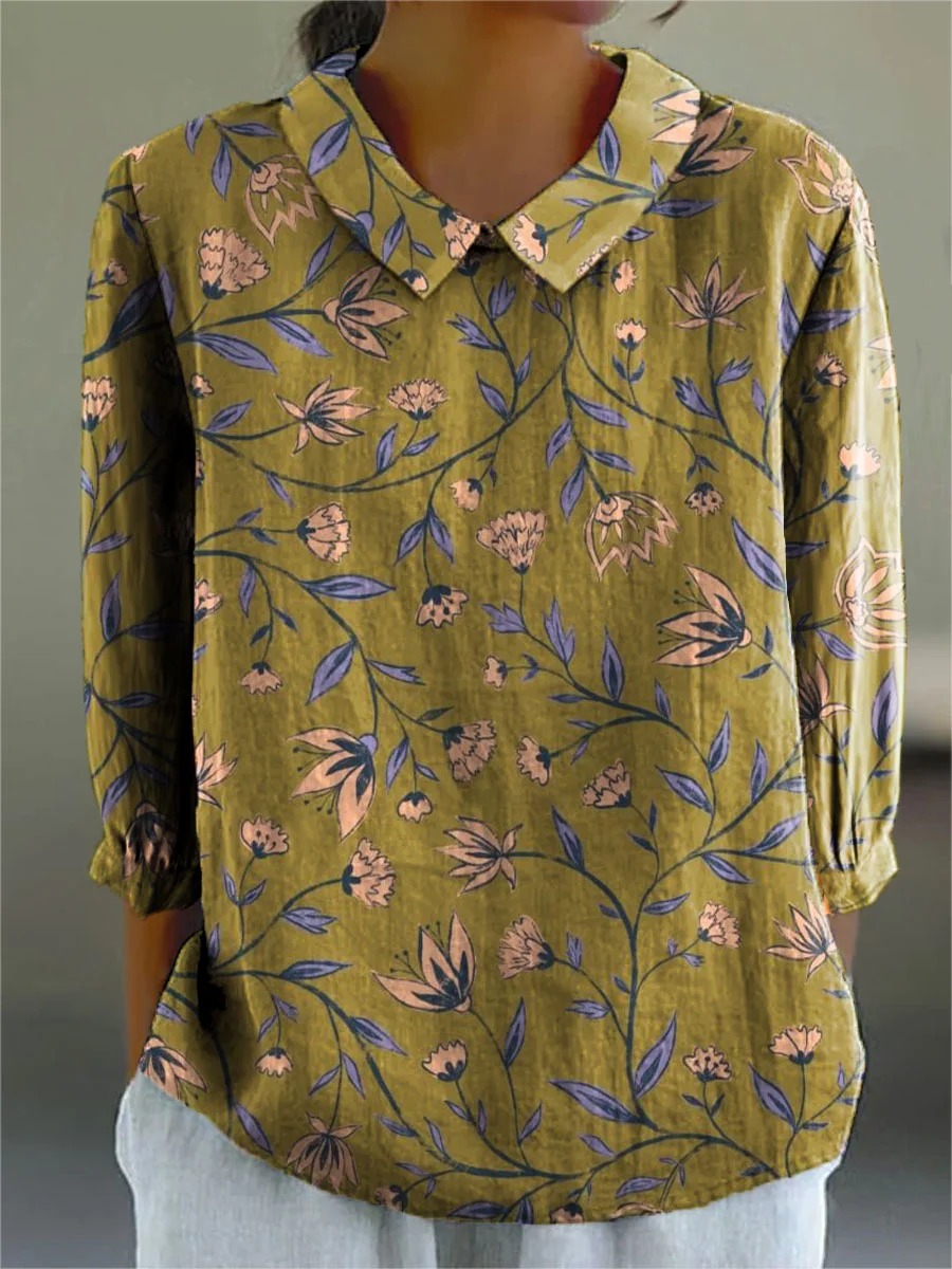 Women's Vintage Floral Art Print Casual Cotton And Linen 3/4 Sleeve Shirt