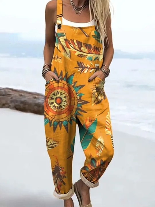 Women's Vintage Boho Art Print Casual 100% Cotton Wide Leg Jumpsuit
