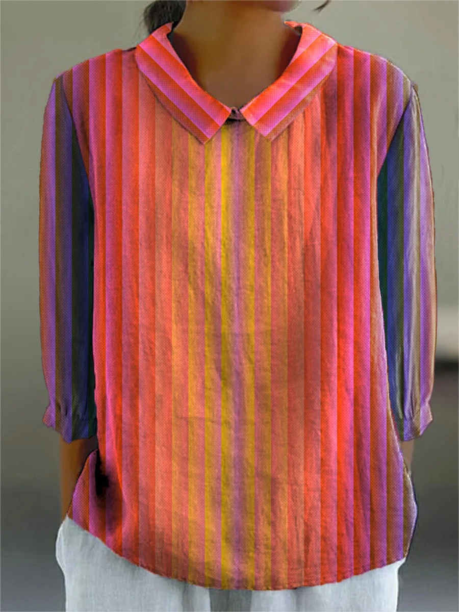 Multicolor Ombre Strip Pattern Printed Women's Casual Cotton And Linen 3/4 Sleeve Shirt
