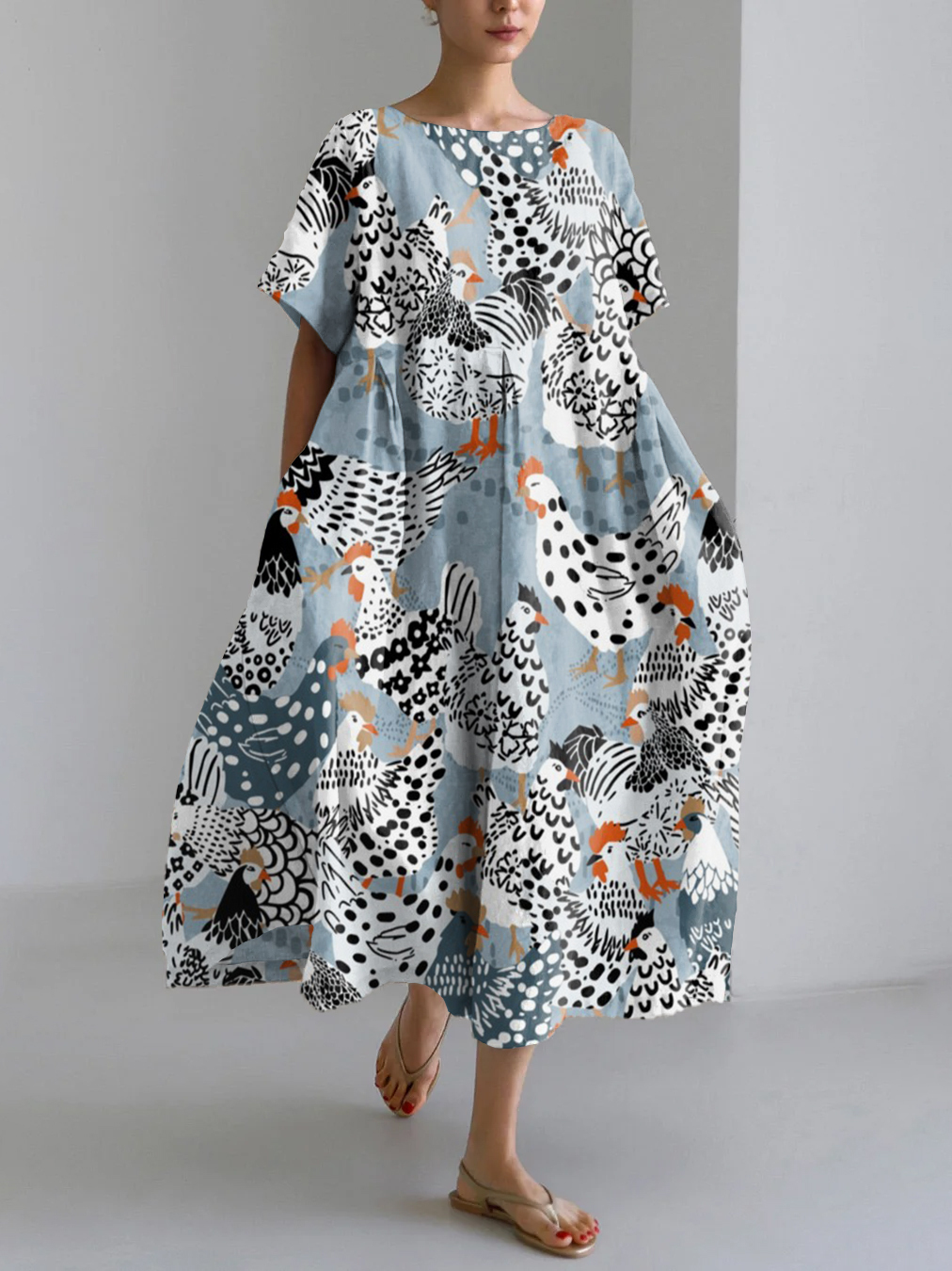 Vintage Farm Chicken Pattern Linen Blend Maxi Dress