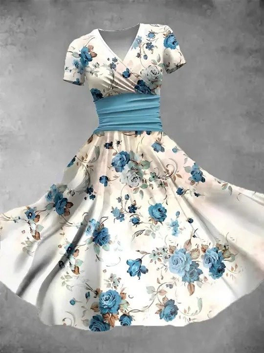 Retro Floral Art Print V-Neck Short Sleeve Midi Dress