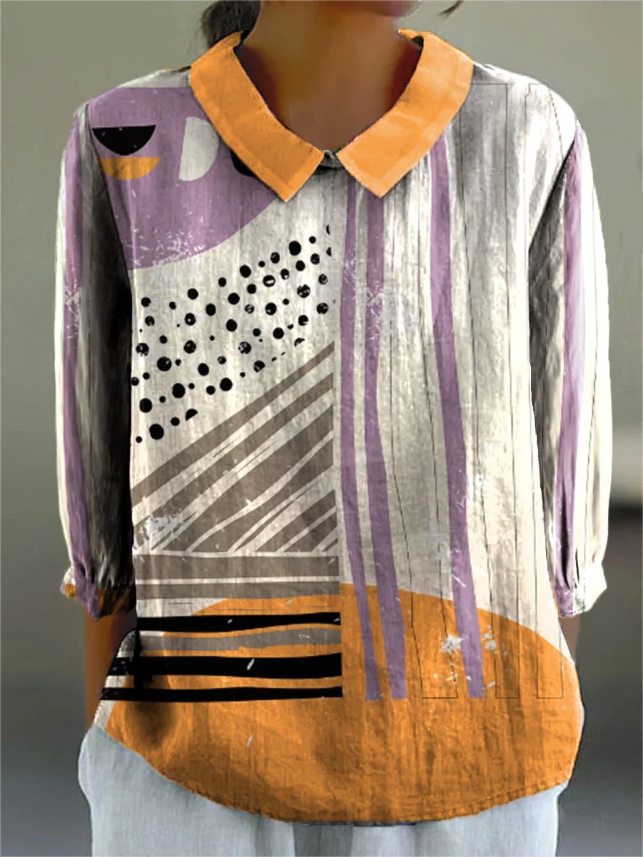 Women's Vintage Colorblock Geometric Art Print Casual Cotton And Linen 3/4 Sleeve Shirt