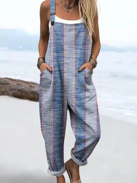 Women's Abstract Geometric Pattern Art Print Casual 100% Cotton Wide Leg Jumpsuit