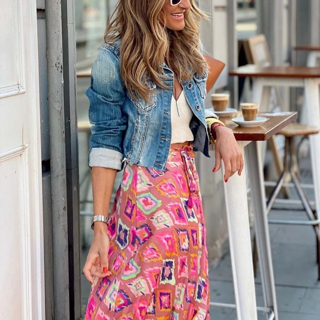 Women Bohemian Floral Print A-line Casual High Waist Skirt