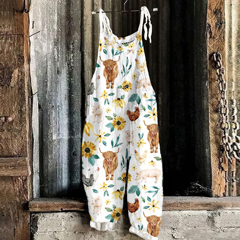 Farm Animals & Flowers Print Casual Jumpsuit
