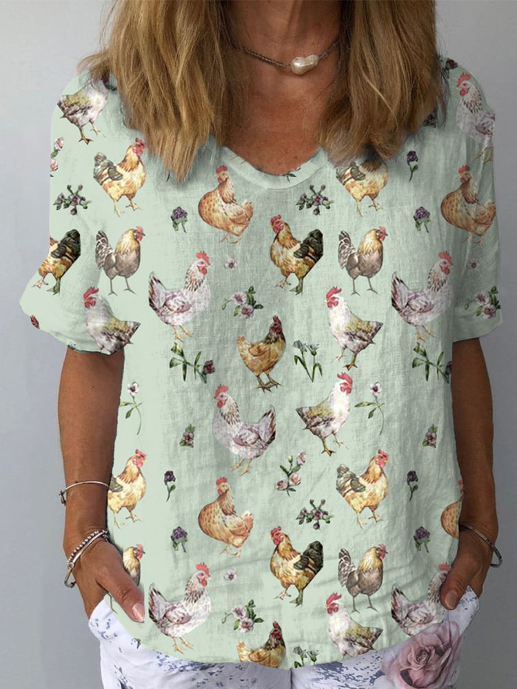 Women's Farm Chicken And Floral Pattern Casual V-Neck Cotton And Linen
