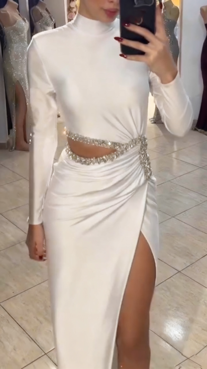 Women Round Neck Hollow Out Rhinestone Slit Elegant Temperament Dinner Party Dress