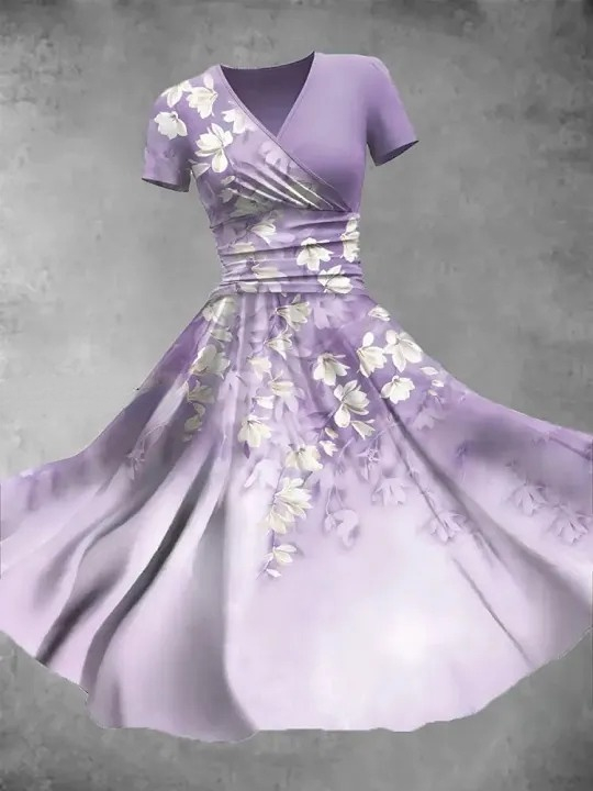Purple Floral Art Print  V-Neck Short Sleeve Retro Midi Dress