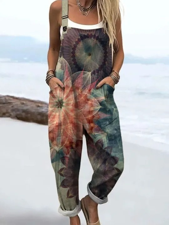 Women's Vintage Flower Art Print Casual 100% Cotton Wide Leg Jumpsuit