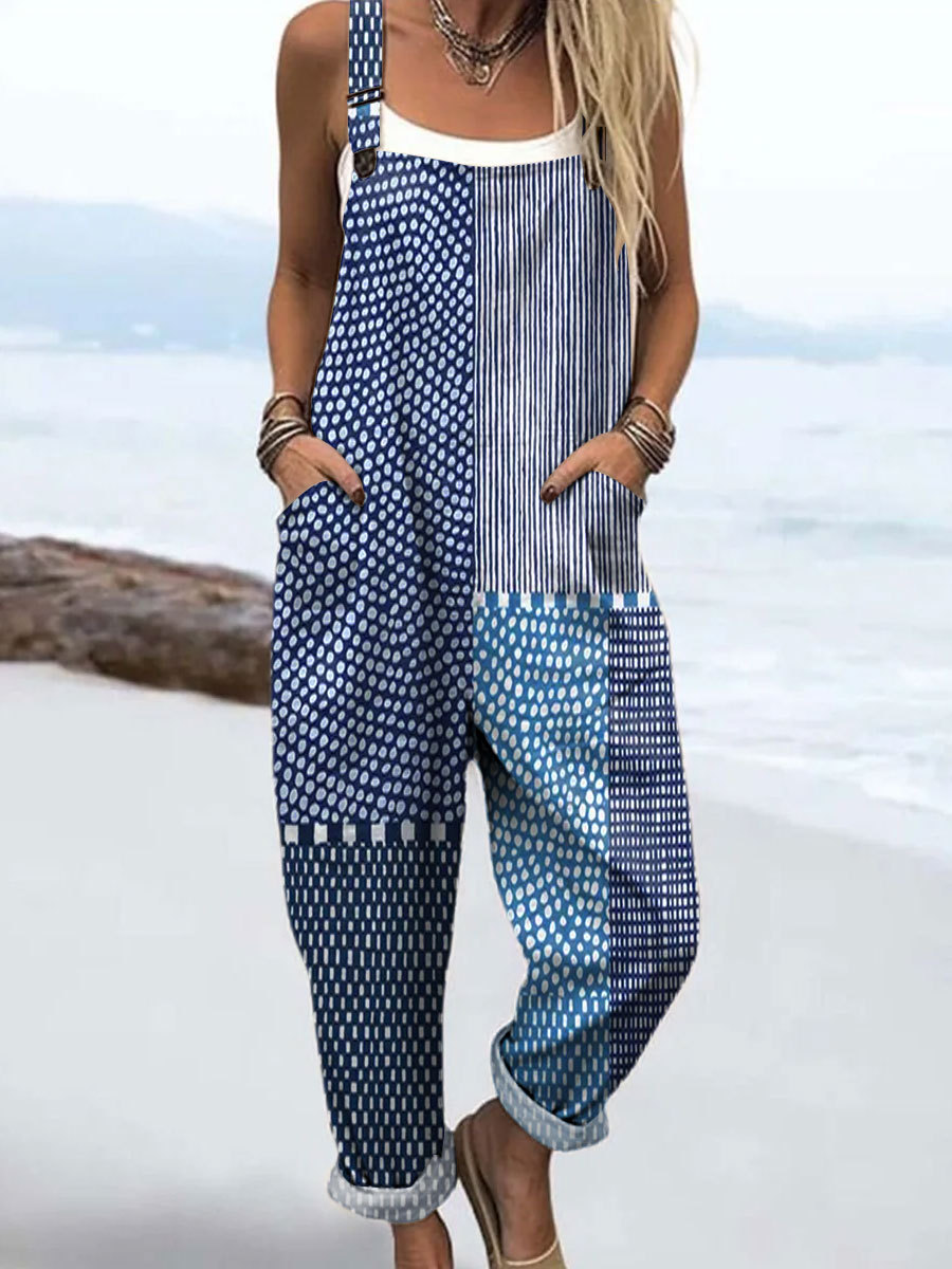 Women's Abstract Art Print Casual Cotton Wide Leg Jumpsuit